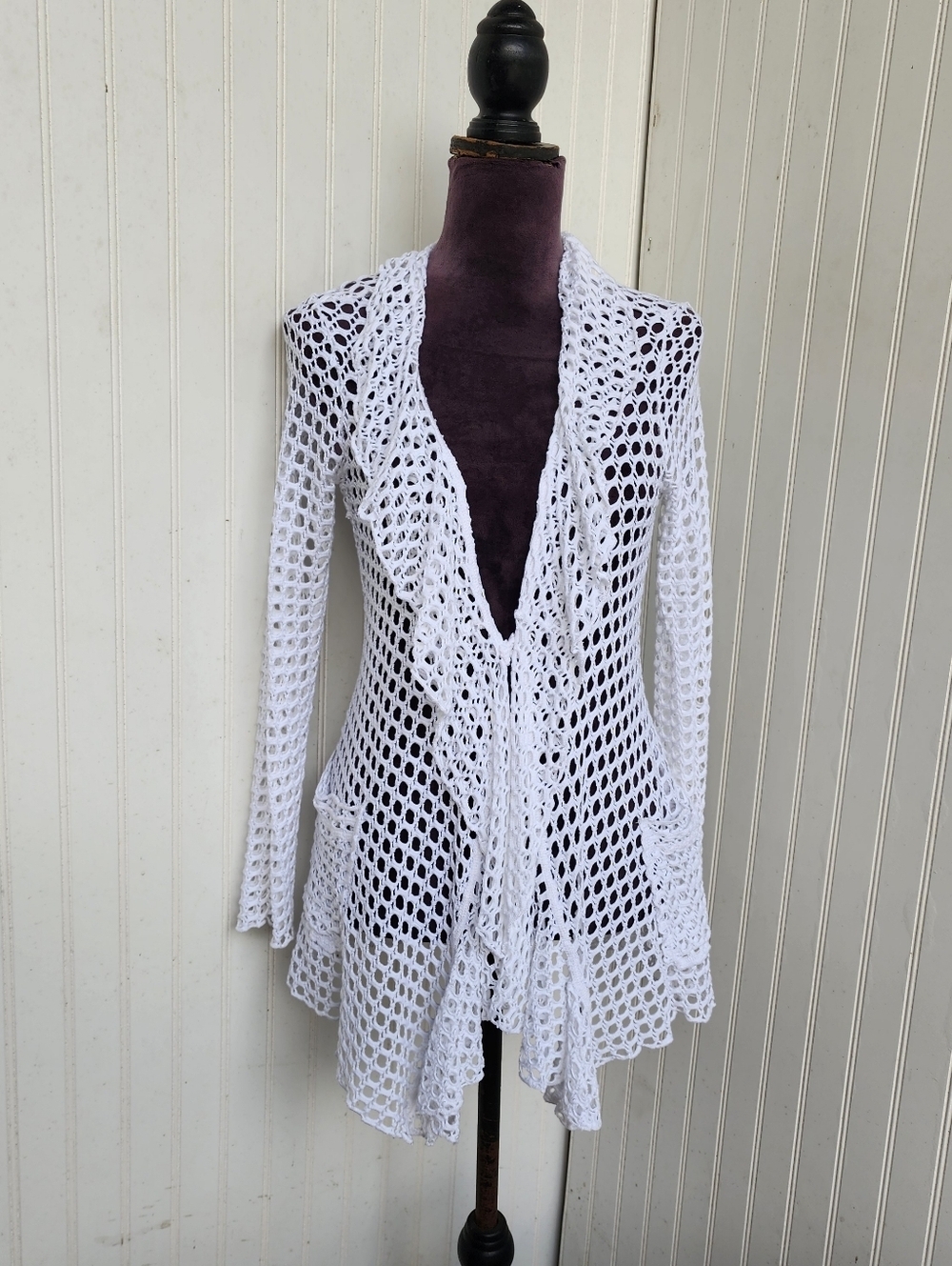 Pete USA Long Sleeve Crochet One Button Cardigan Womens Top Knit Cotton Modal XS